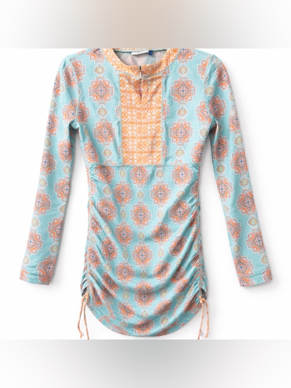 Cabana Life Turquoise and Orange Long-Sleeve Ruched Swim Coverup